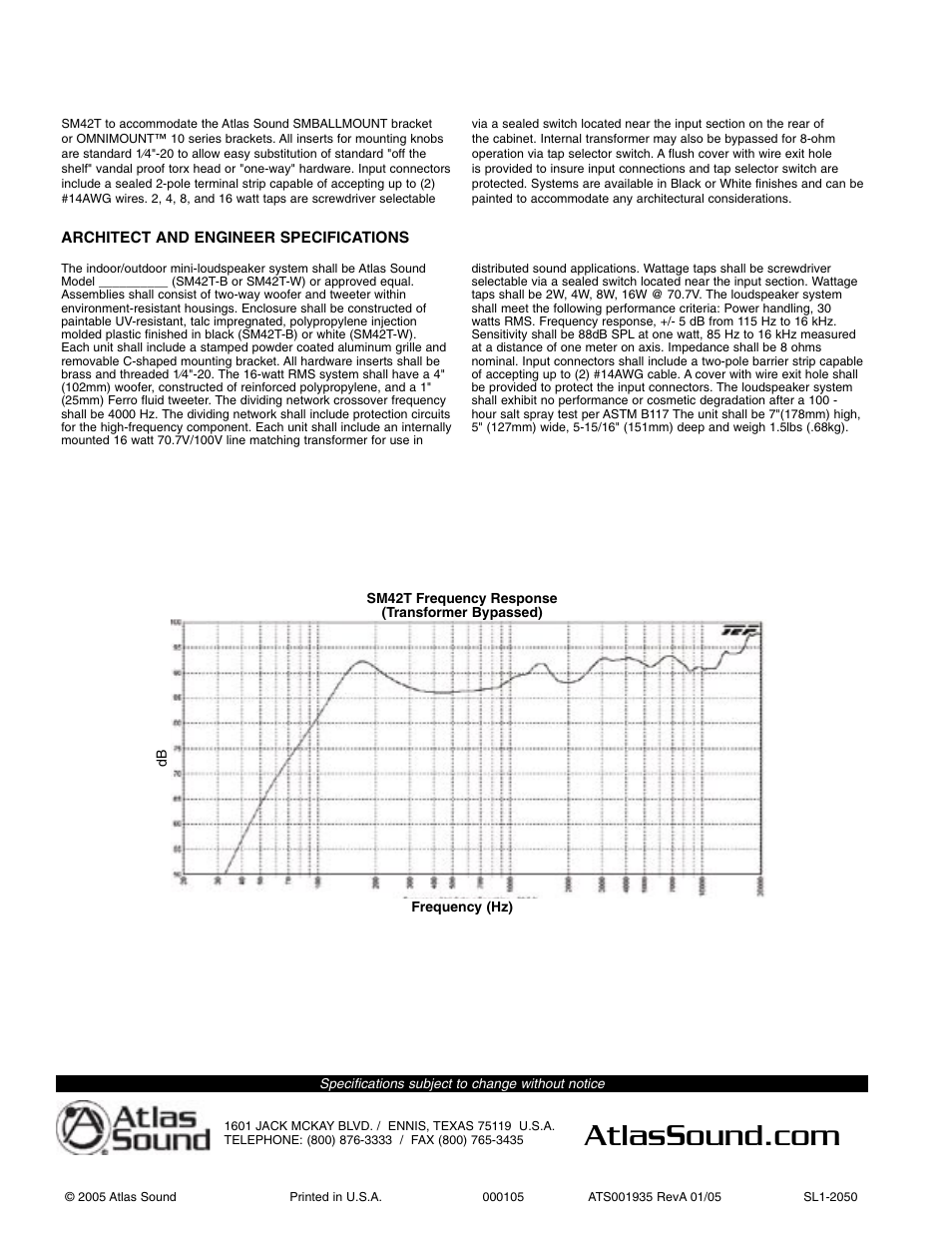 Atlas Sound Strategy Series SM42T-W User Manual | Page 2 / 4