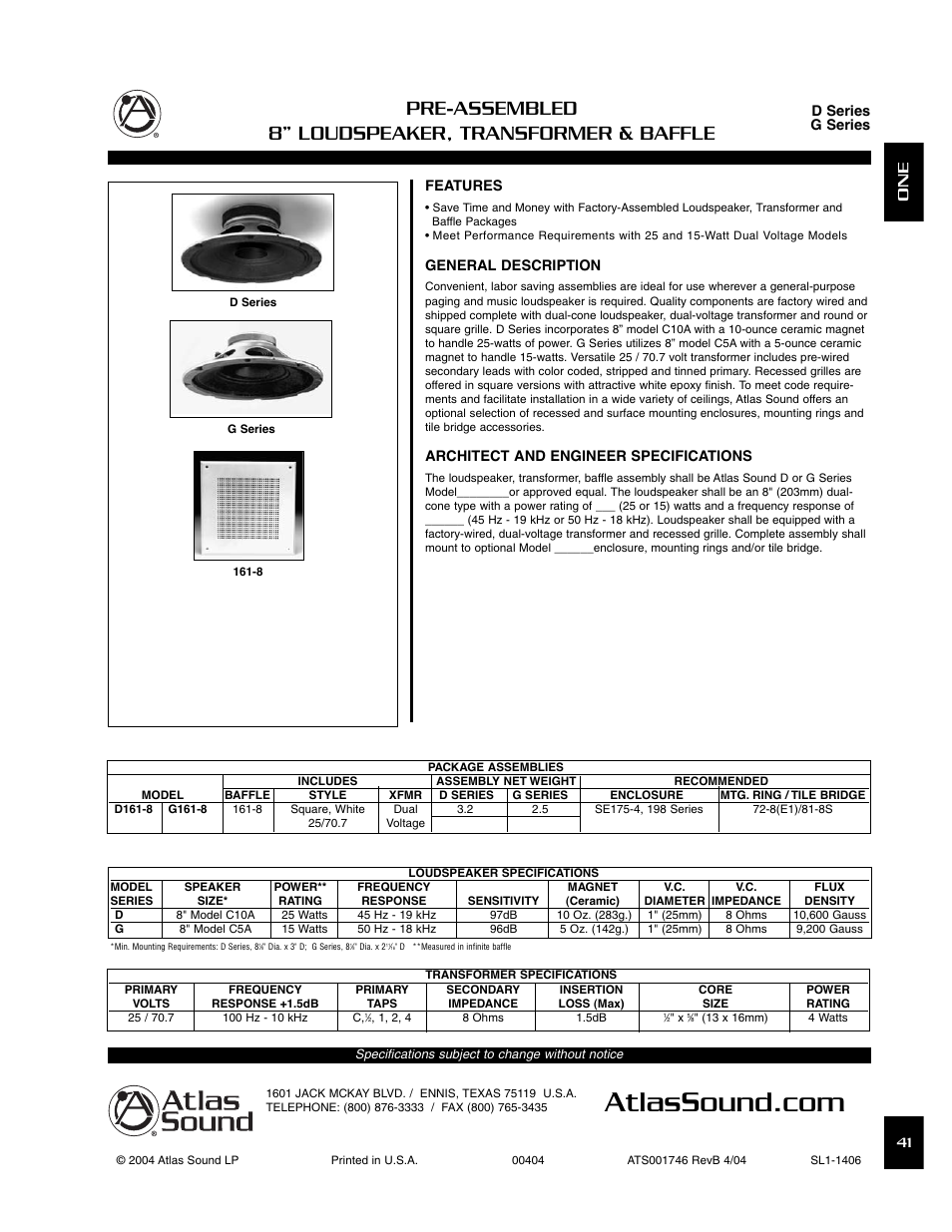 Atlas Sound D161-8 User Manual | 1 page