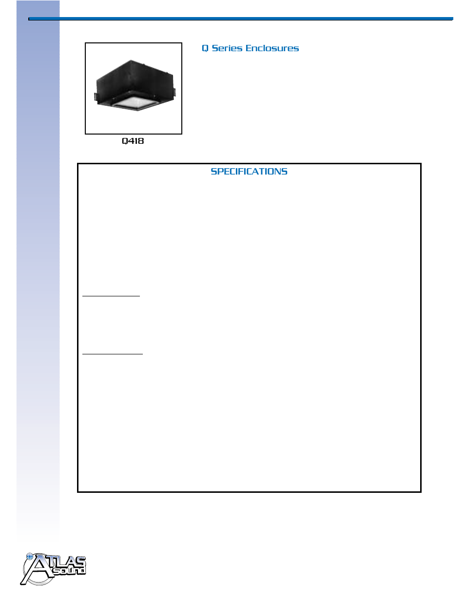 Five year limited warranty, Specifications, Q series enclosures | Q418 | Atlas Sound C12BT60 User Manual | Page 2 / 2