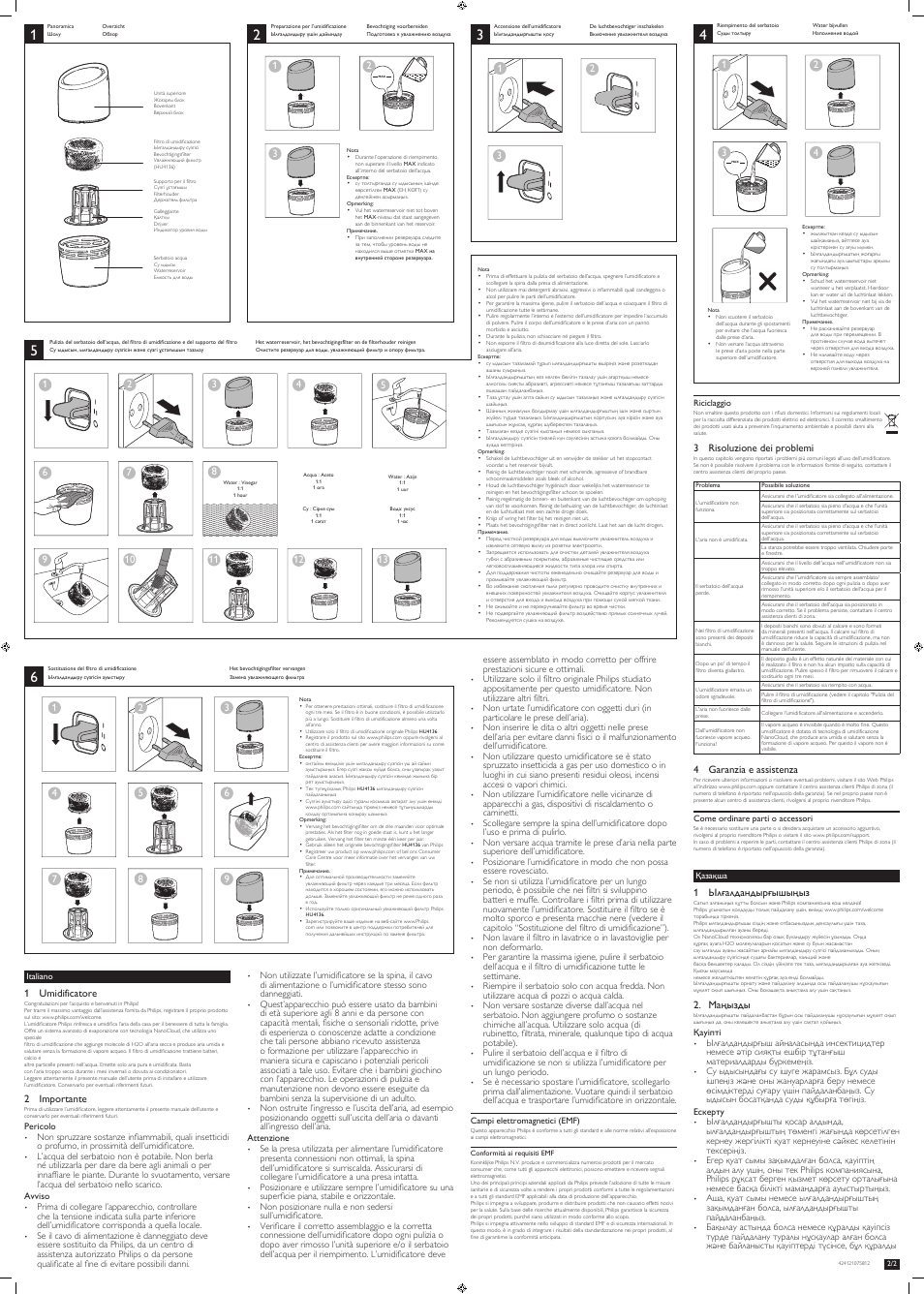 1 umidificatore, 2 importante, 3 risoluzione dei problemi | 4 garanzia e assistenza, 1 ылғалдандырғышыңыз, Маңызды | Philips Luftbefeuchter User Manual | Page 3 / 4