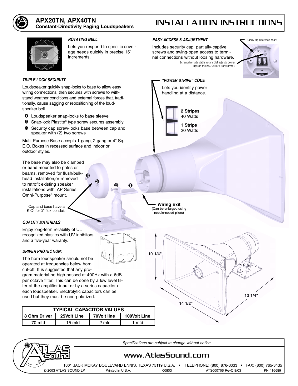 Atlas Sound APX40TN User Manual | 2 pages