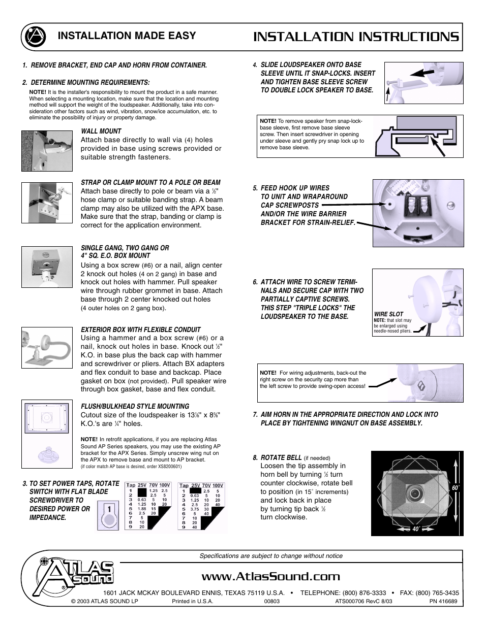 Installation instructions, Installation made easy | Atlas Sound APX40TN User Manual | Page 2 / 2