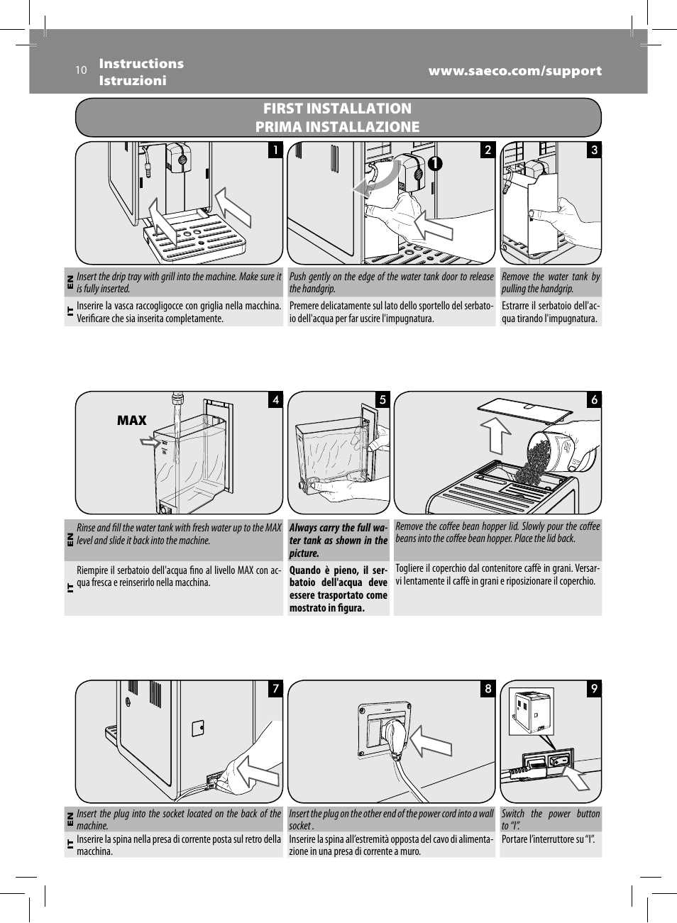 First installation prima installazione | Philips Saeco Moltio Kaffeevollautomat User Manual | Page 10 / 92