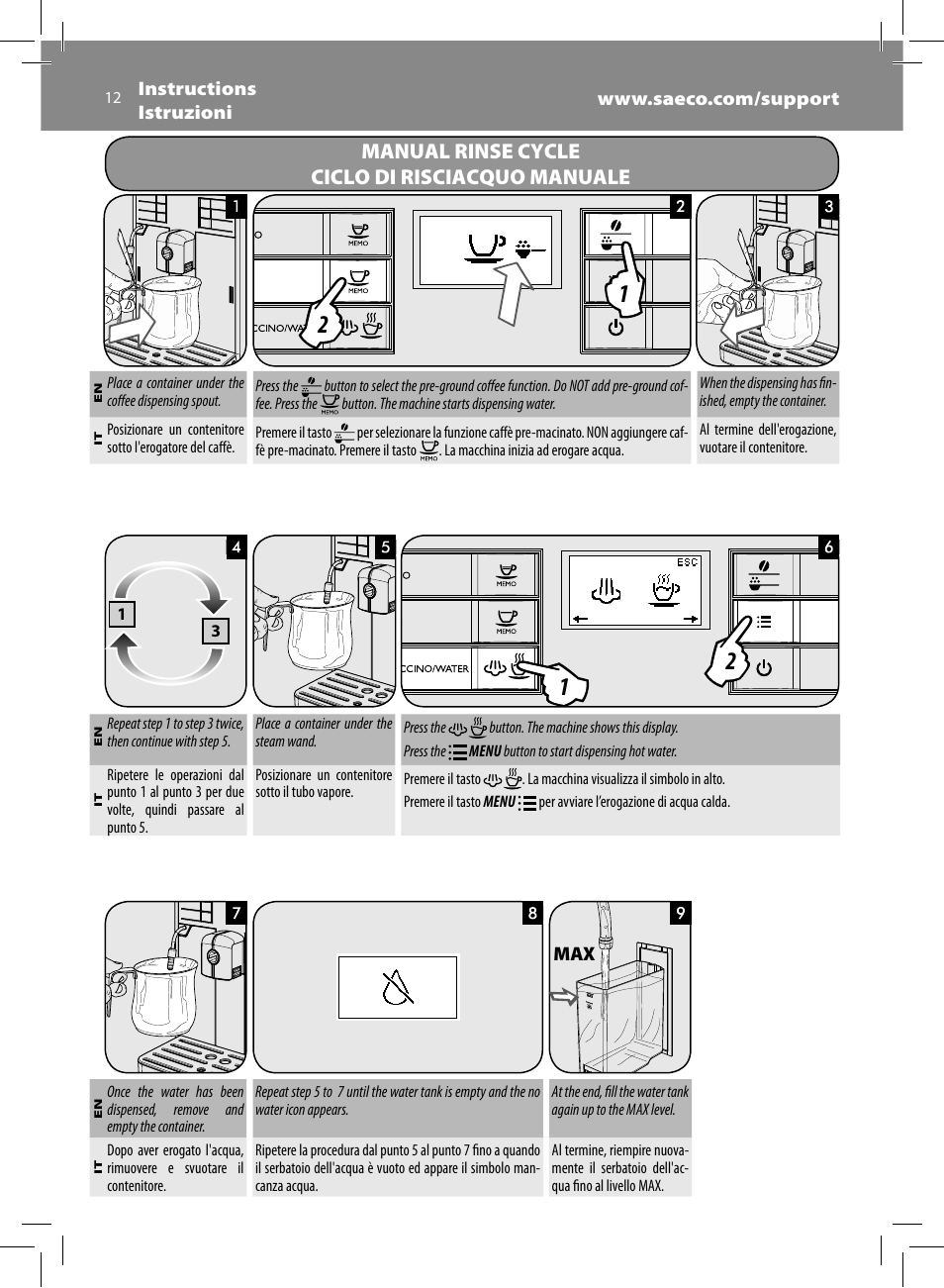 Manual rinse cycle ciclo di risciacquo manuale | Philips Saeco Moltio Kaffeevollautomat User Manual | Page 12 / 92