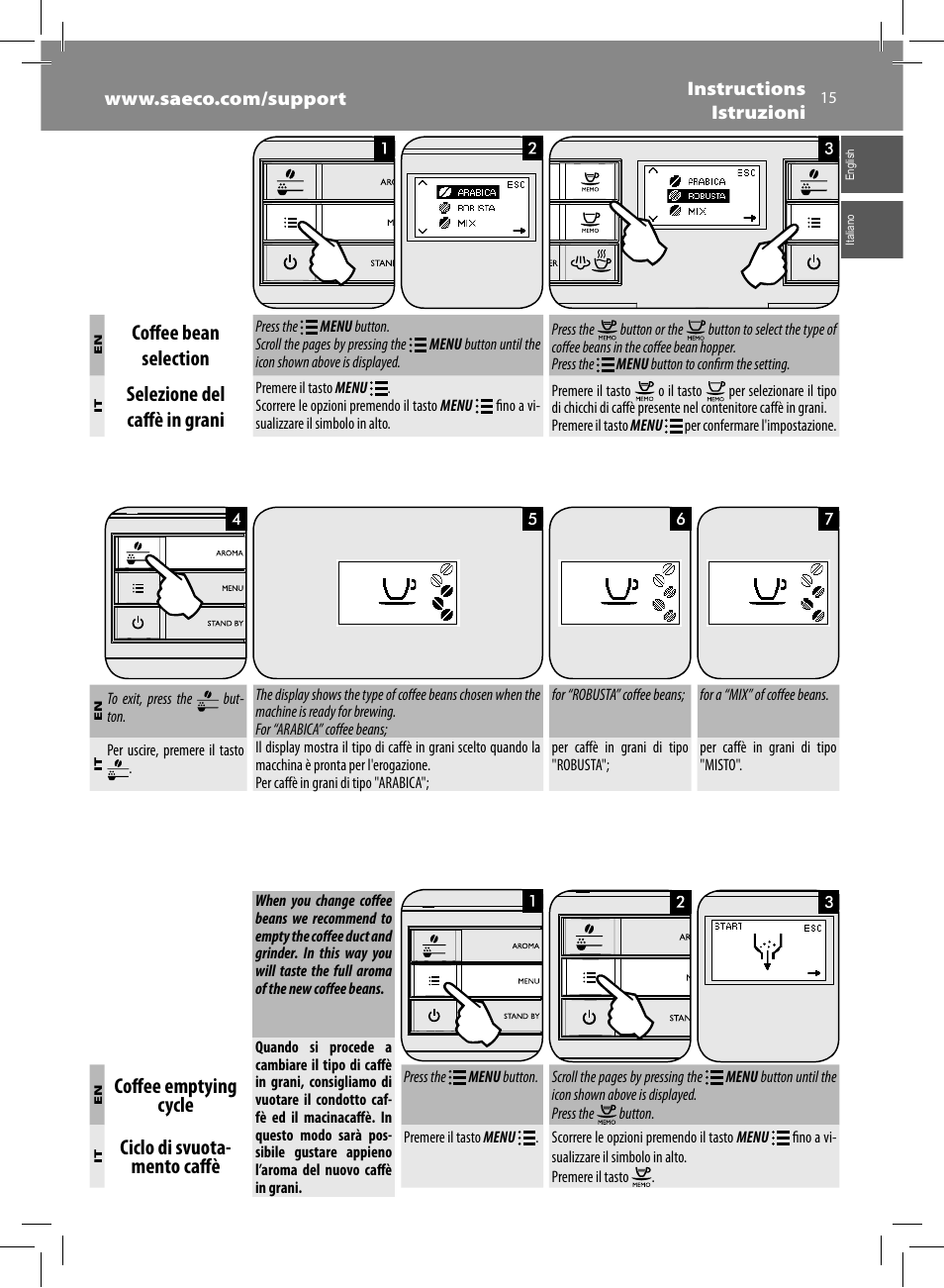Coff ee bean selection, Selezione del caff è in grani, Coff ee emptying cycle | Ciclo di svuota- mento caff è | Philips Saeco Moltio Kaffeevollautomat User Manual | Page 15 / 92