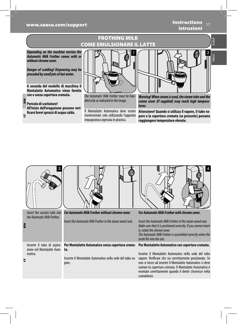 Frothing milk come emulsionare il latte | Philips Saeco Moltio Kaffeevollautomat User Manual | Page 17 / 92