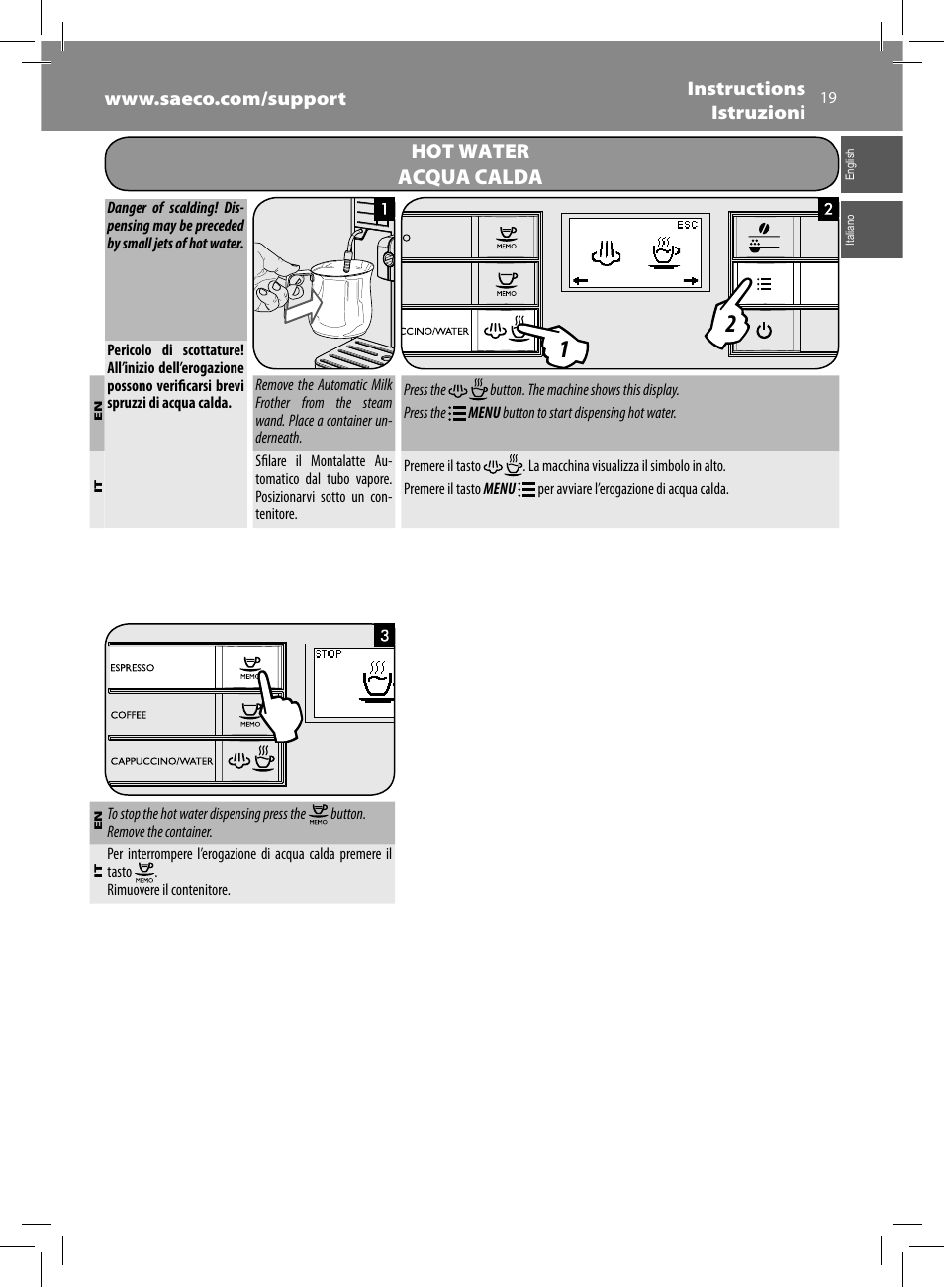 Hot water acqua calda | Philips Saeco Moltio Kaffeevollautomat User Manual | Page 19 / 92