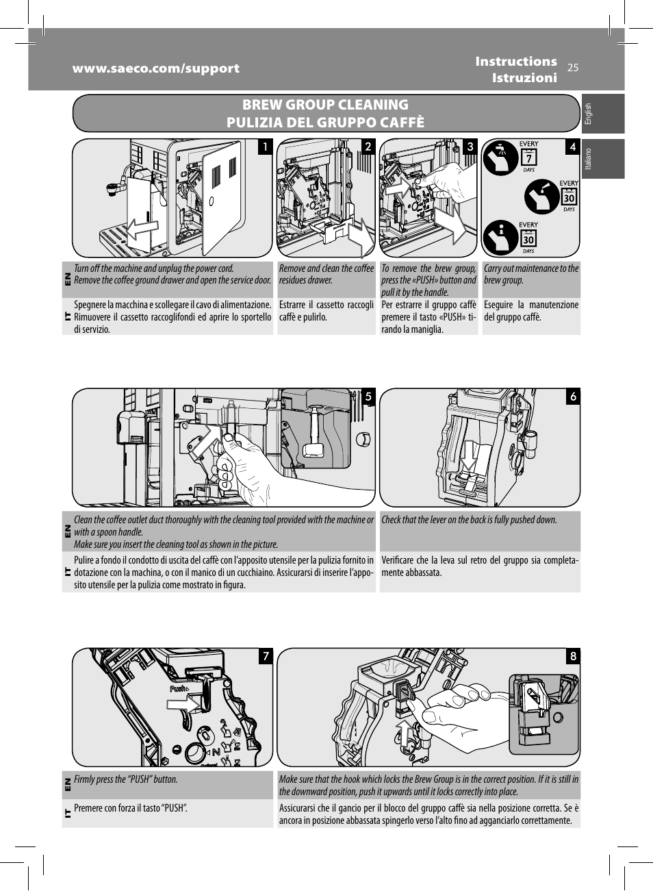 Brew group cleaning pulizia del gruppo caffè | Philips Saeco Moltio Kaffeevollautomat User Manual | Page 25 / 92