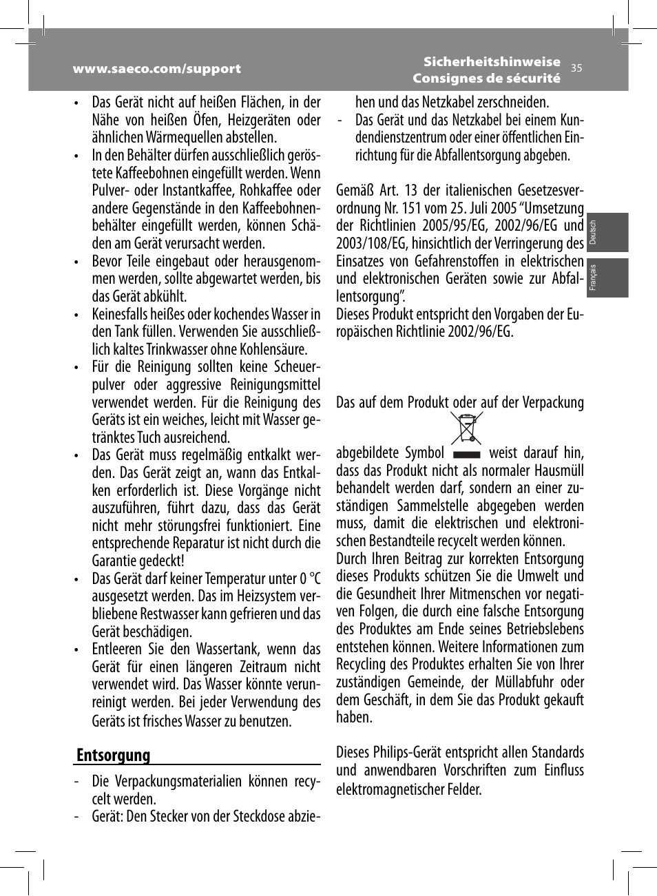 Entsorgung | Philips Saeco Moltio Kaffeevollautomat User Manual | Page 35 / 92