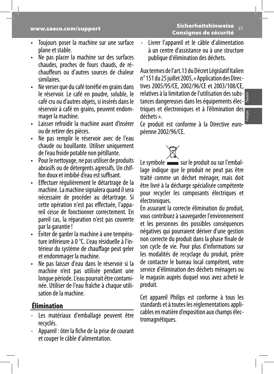 Élimination | Philips Saeco Moltio Kaffeevollautomat User Manual | Page 37 / 92