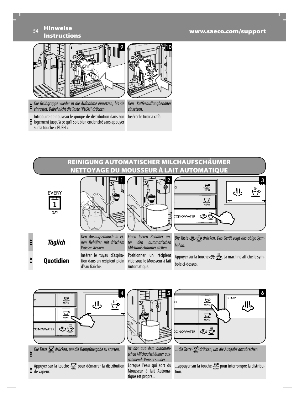 Täglich, Quotidien | Philips Saeco Moltio Kaffeevollautomat User Manual | Page 54 / 92