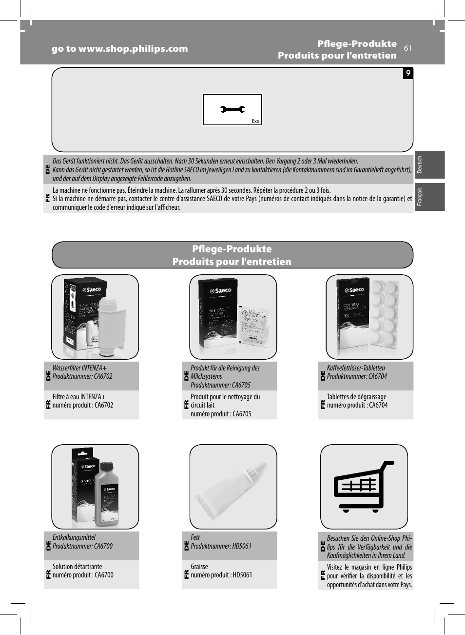 Pfl ege-produkte produits pour l'entretien | Philips Saeco Moltio Kaffeevollautomat User Manual | Page 61 / 92