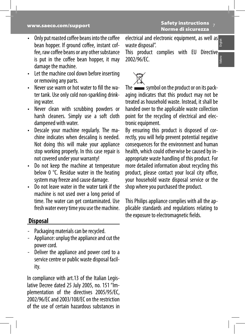 Disposal | Philips Saeco Moltio Kaffeevollautomat User Manual | Page 7 / 92