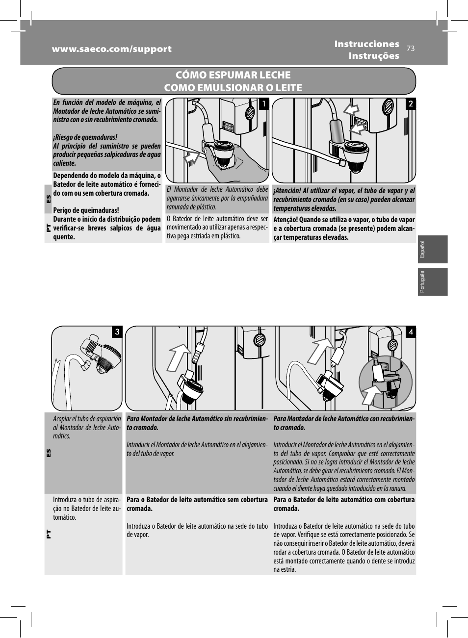 Cómo espumar leche como emulsionar o leite | Philips Saeco Moltio Kaffeevollautomat User Manual | Page 73 / 92