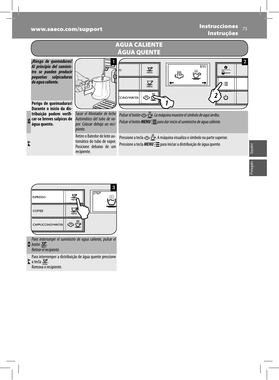 Agua caliente água quente | Philips Saeco Moltio Kaffeevollautomat User Manual | Page 75 / 92