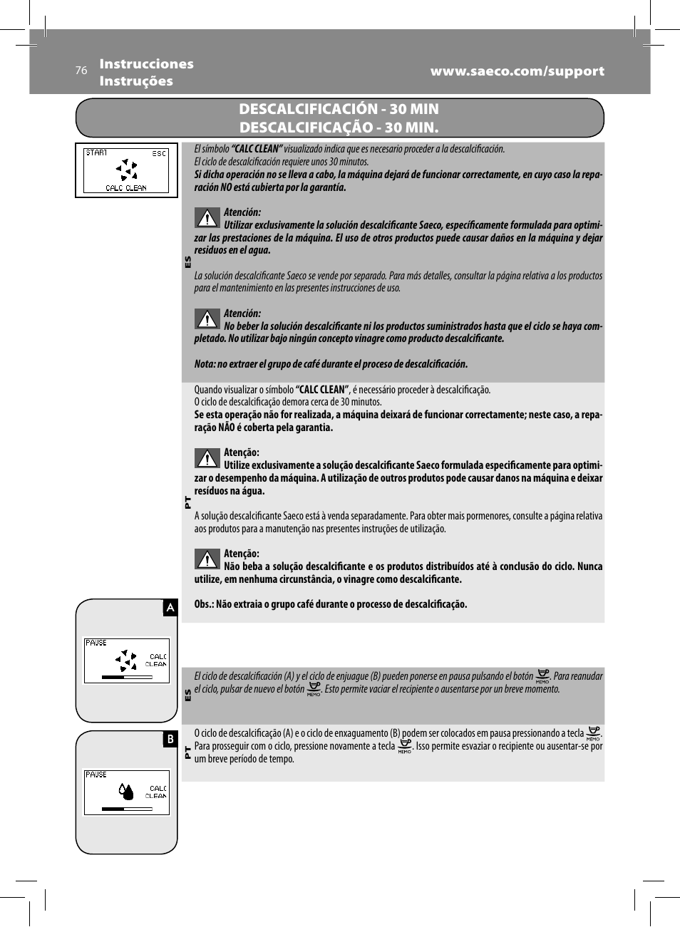 Descalcificación - 30 min descalcificação - 30 min | Philips Saeco Moltio Kaffeevollautomat User Manual | Page 76 / 92