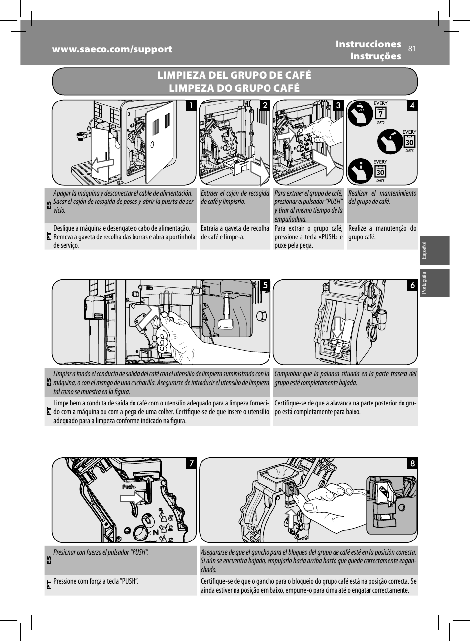 Limpieza del grupo de café limpeza do grupo café | Philips Saeco Moltio Kaffeevollautomat User Manual | Page 81 / 92