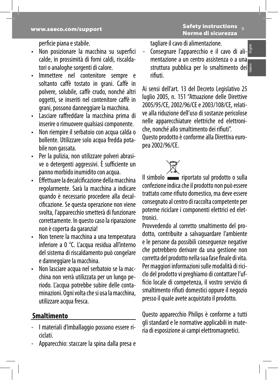 Smaltimento | Philips Saeco Moltio Kaffeevollautomat User Manual | Page 9 / 92