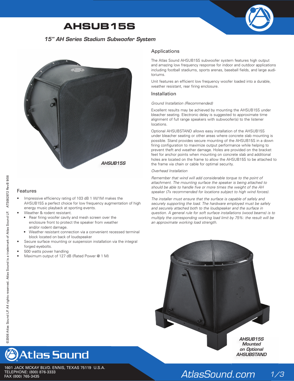 Atlas Sound AHSUB15S User Manual | 3 pages