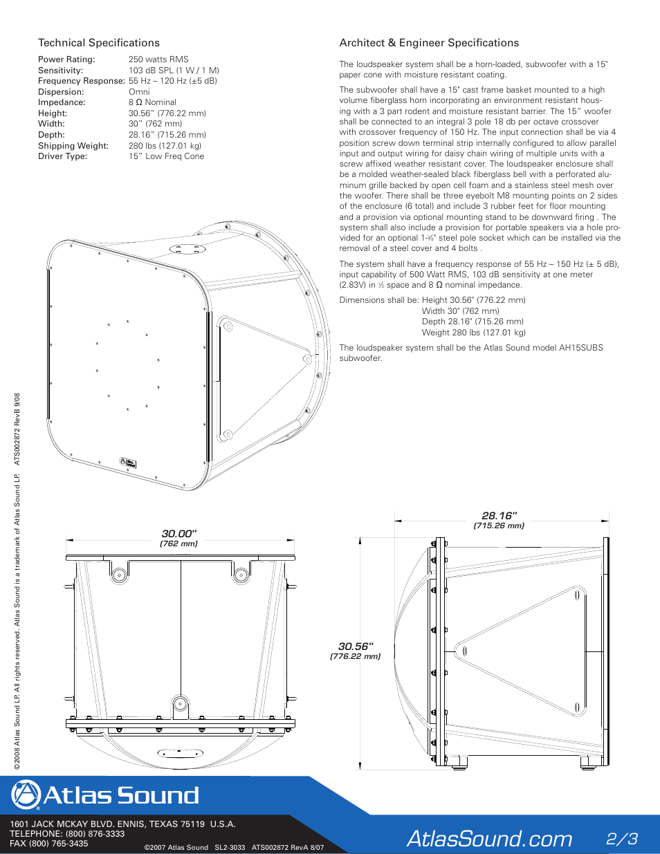 Technical specifications, Architect & engineer specifications | Atlas Sound AHSUB15S User Manual | Page 2 / 3