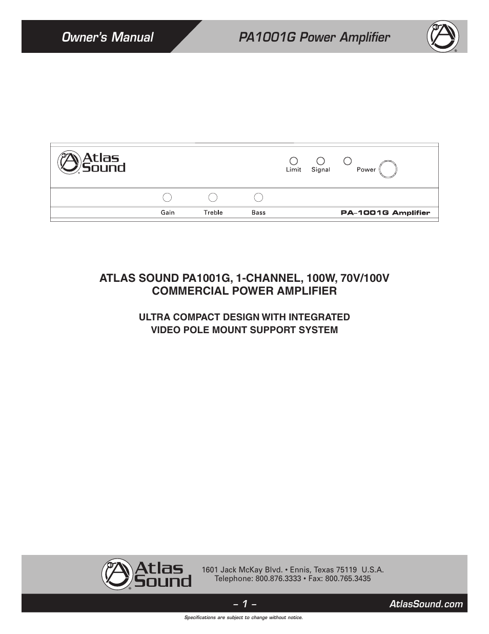 Atlas Sound PA1001G User Manual | 16 pages