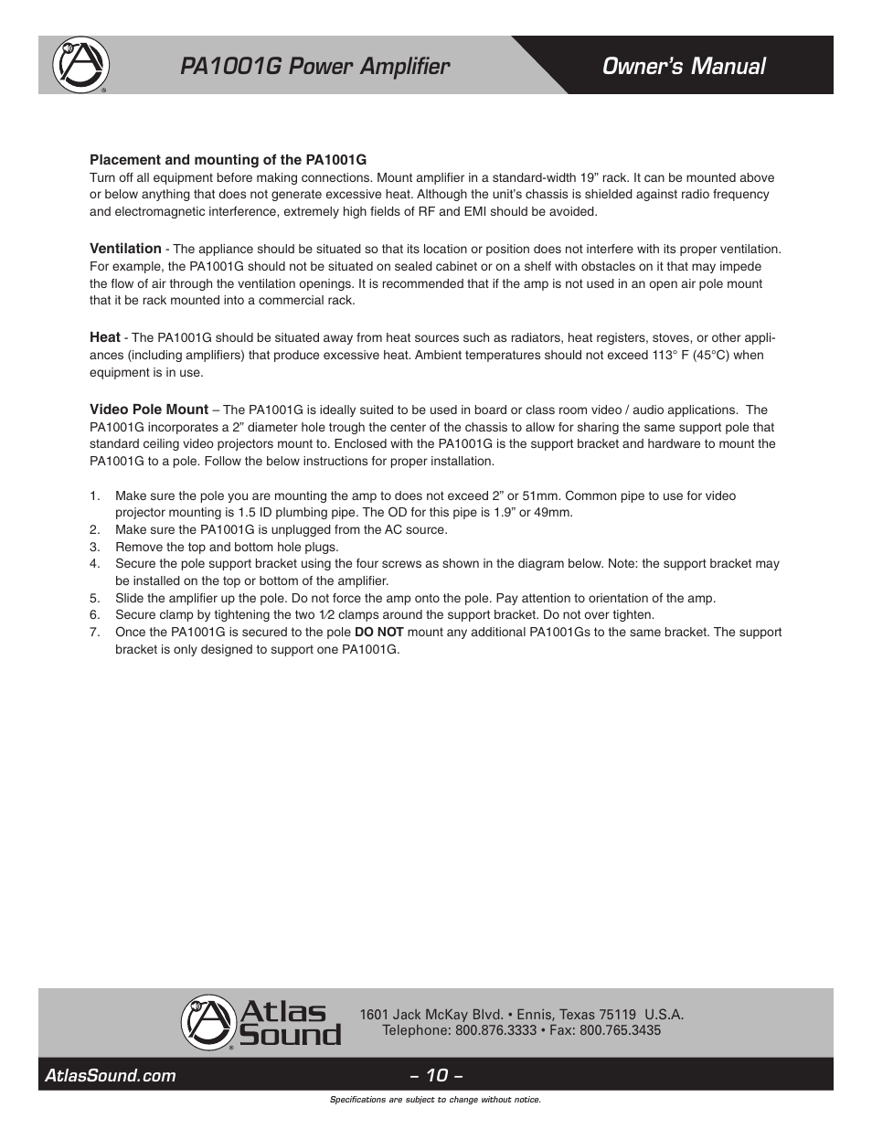 Owner’s manual pa1001g power amplifier | Atlas Sound PA1001G User Manual | Page 10 / 16