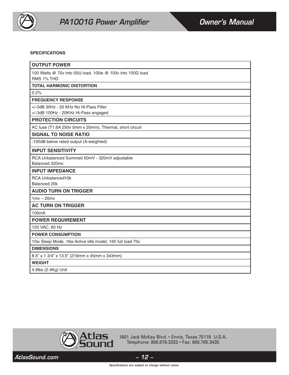 Owner’s manual pa1001g power amplifier | Atlas Sound PA1001G User Manual | Page 12 / 16