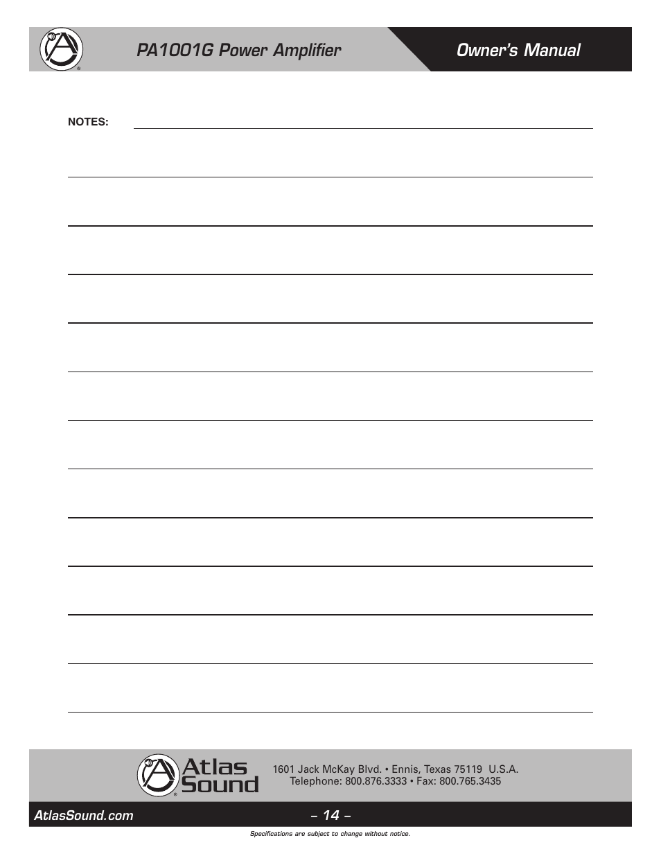 Owner’s manual pa1001g power amplifier | Atlas Sound PA1001G User Manual | Page 14 / 16