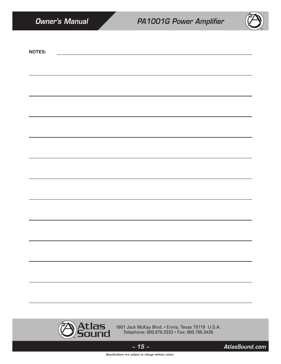 Owner’s manual pa1001g power amplifier | Atlas Sound PA1001G User Manual | Page 15 / 16