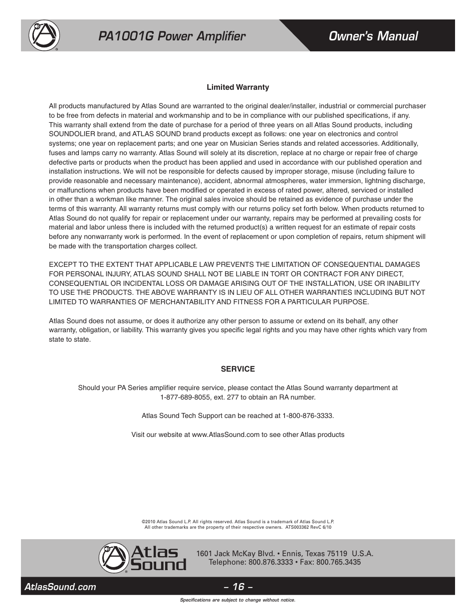 Owner’s manual pa1001g power amplifier | Atlas Sound PA1001G User Manual | Page 16 / 16