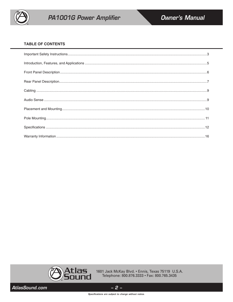 Owner’s manual pa1001g power amplifier | Atlas Sound PA1001G User Manual | Page 2 / 16