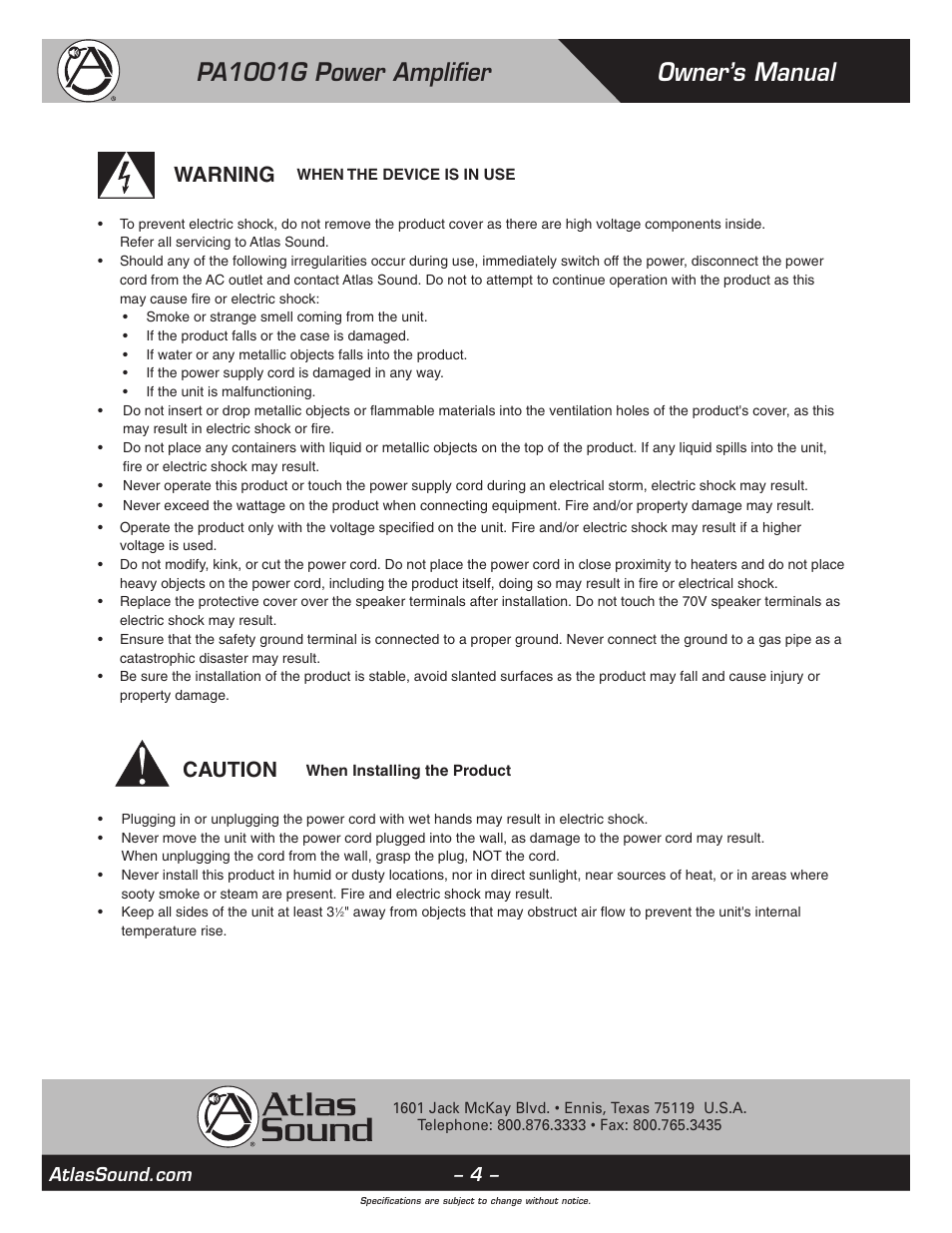 Owner’s manual pa1001g power amplifier, Warning caution | Atlas Sound PA1001G User Manual | Page 4 / 16