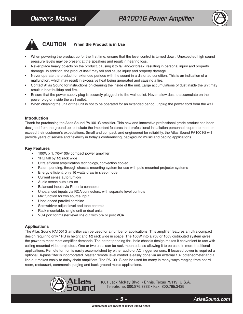 Owner’s manual pa1001g power amplifier, Caution | Atlas Sound PA1001G User Manual | Page 5 / 16