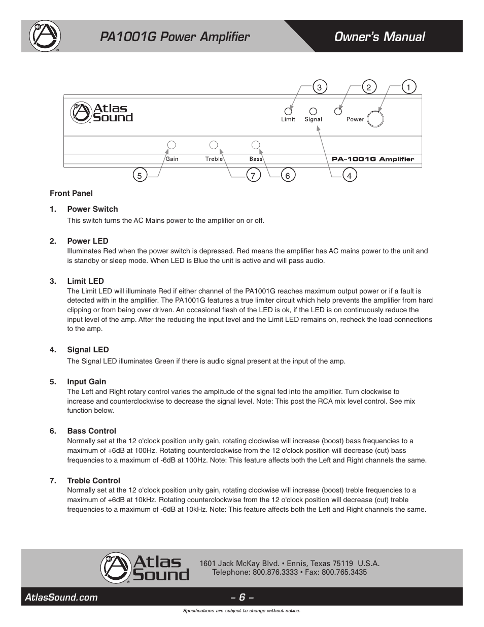 Owner’s manual pa1001g power amplifier | Atlas Sound PA1001G User Manual | Page 6 / 16