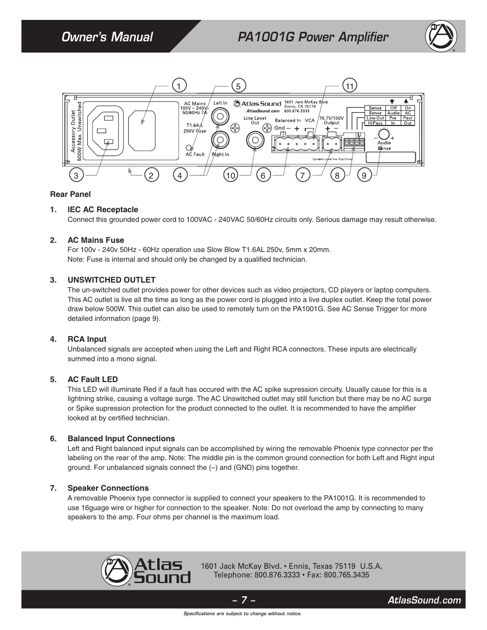 Owner’s manual pa1001g power amplifier | Atlas Sound PA1001G User Manual | Page 7 / 16