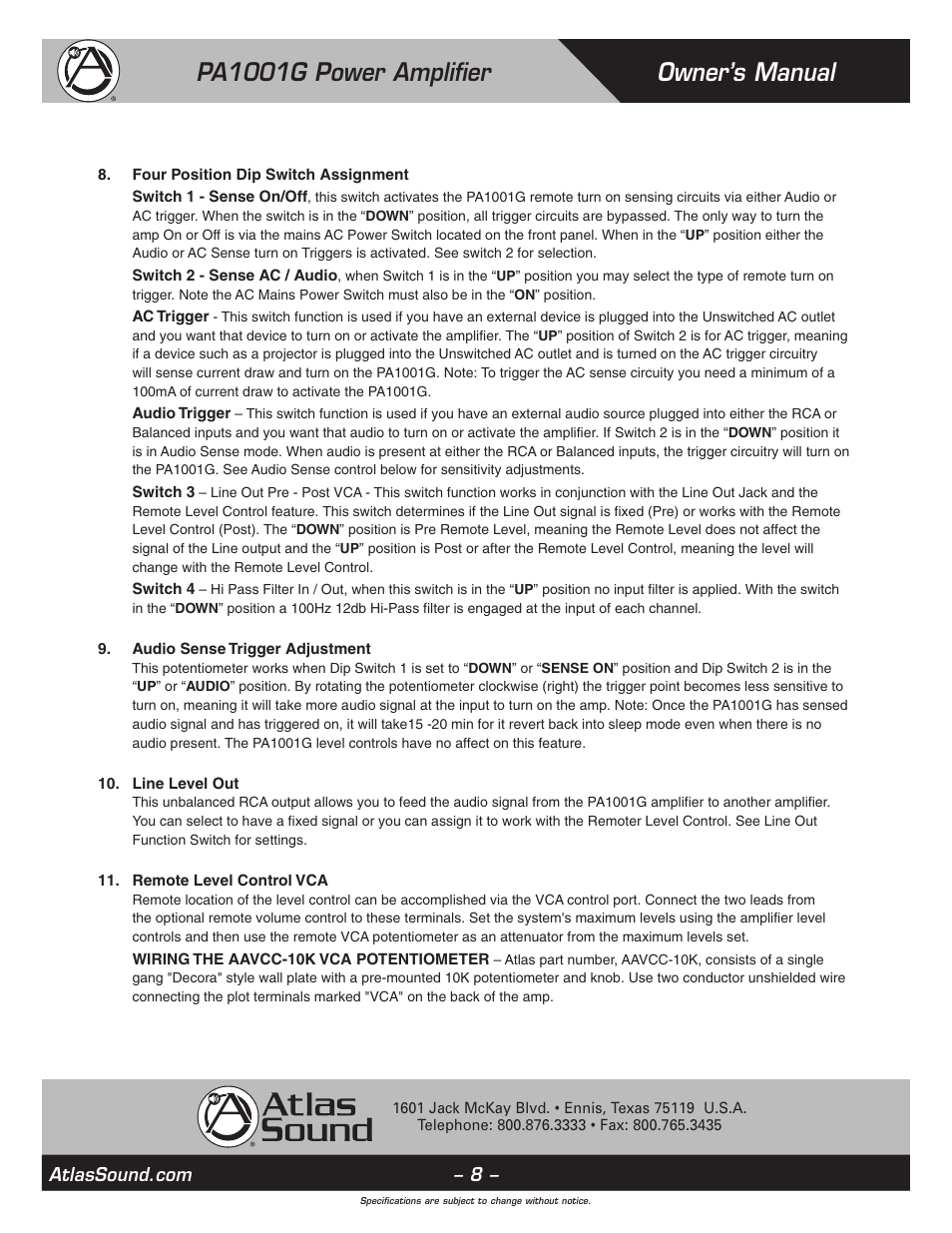 Owner’s manual pa1001g power amplifier | Atlas Sound PA1001G User Manual | Page 8 / 16