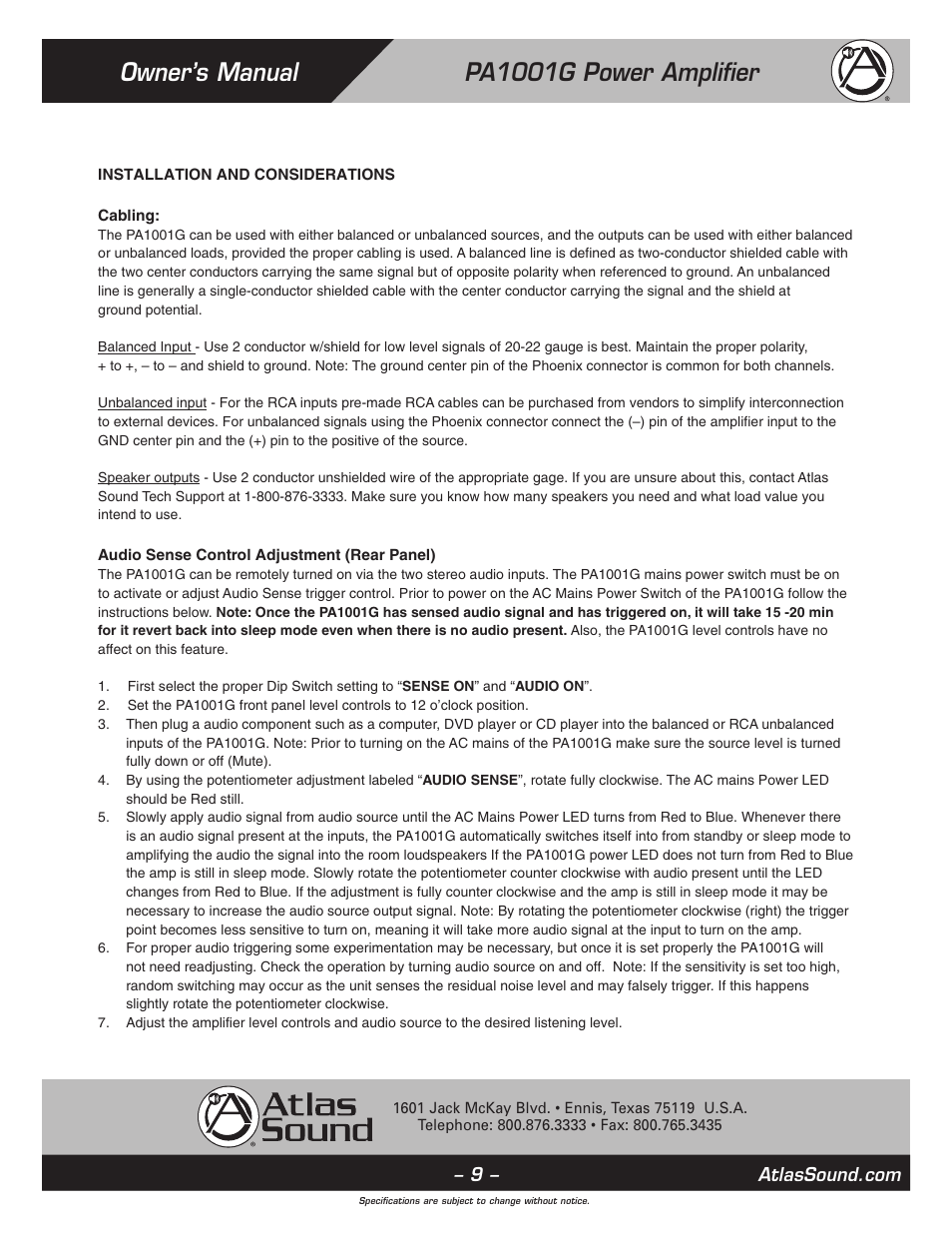 Owner’s manual pa1001g power amplifier | Atlas Sound PA1001G User Manual | Page 9 / 16