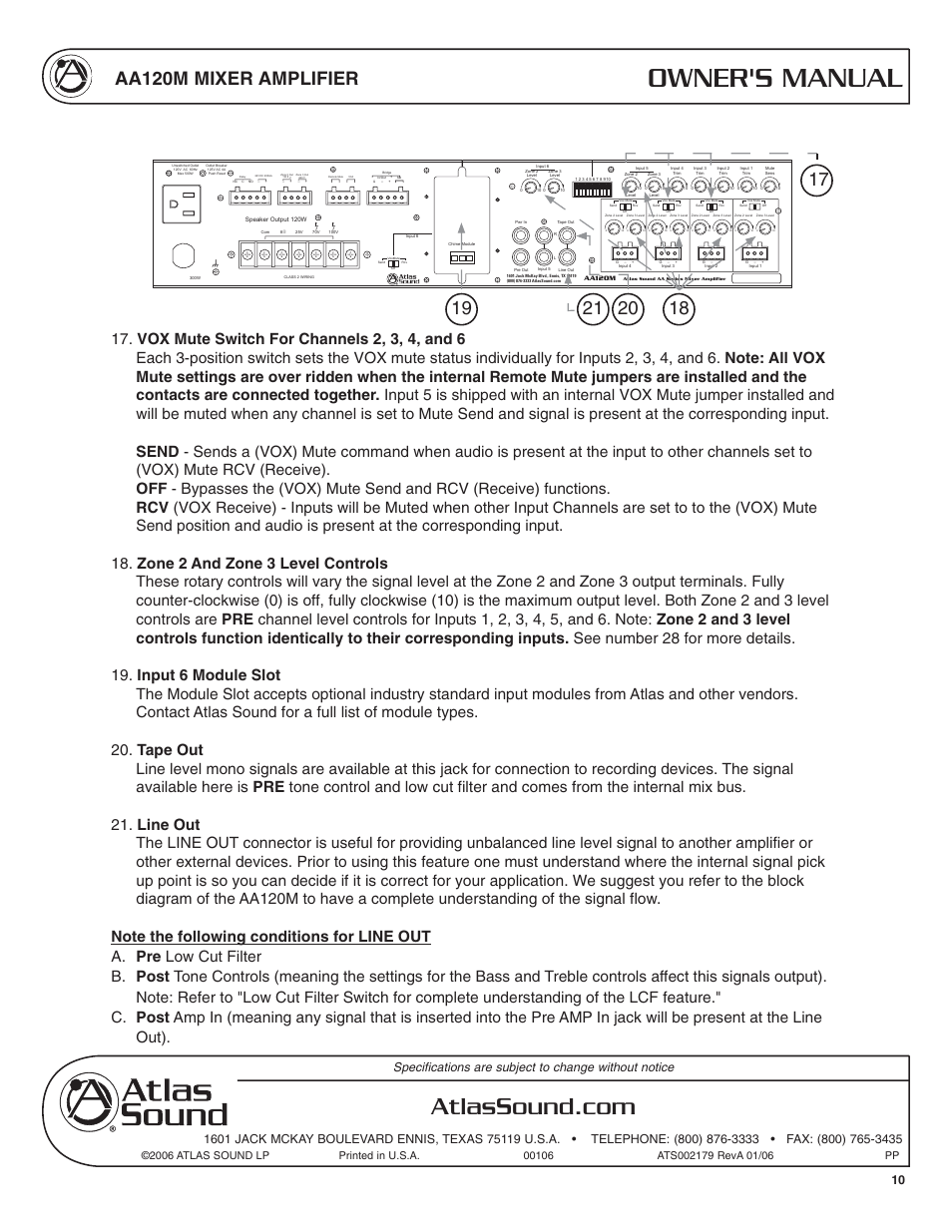 Owner's manual, Aa120m mixer amplifier | Atlas Sound AA120M User Manual | Page 10 / 28