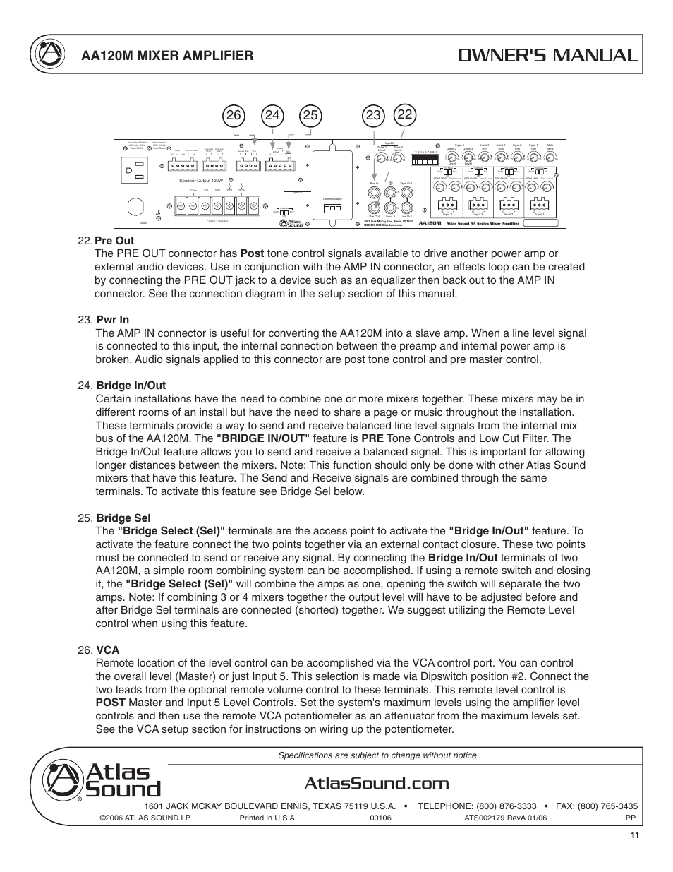 Owner's manual, Aa120m mixer amplifier | Atlas Sound AA120M User Manual | Page 11 / 28