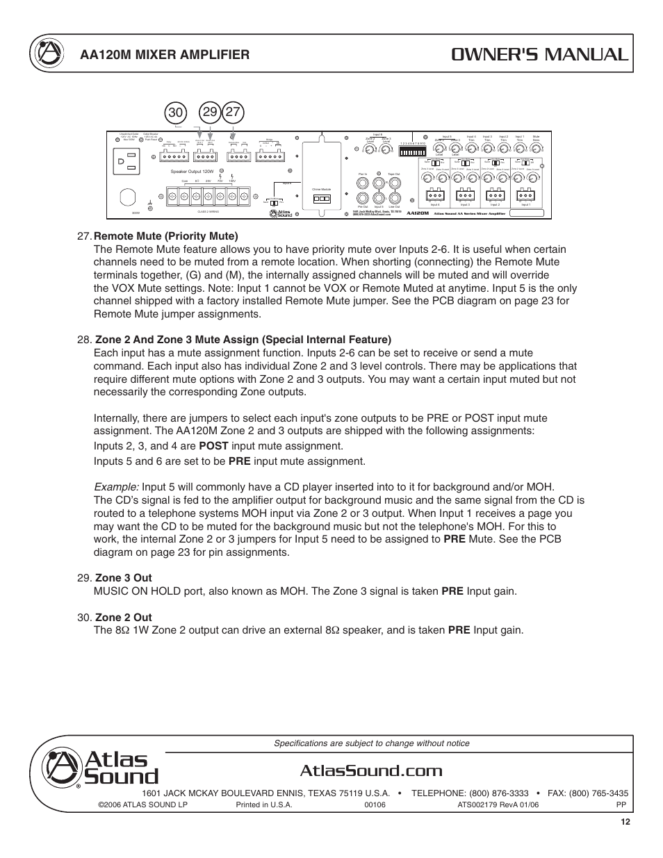 Owner's manual, Aa120m mixer amplifier | Atlas Sound AA120M User Manual | Page 12 / 28