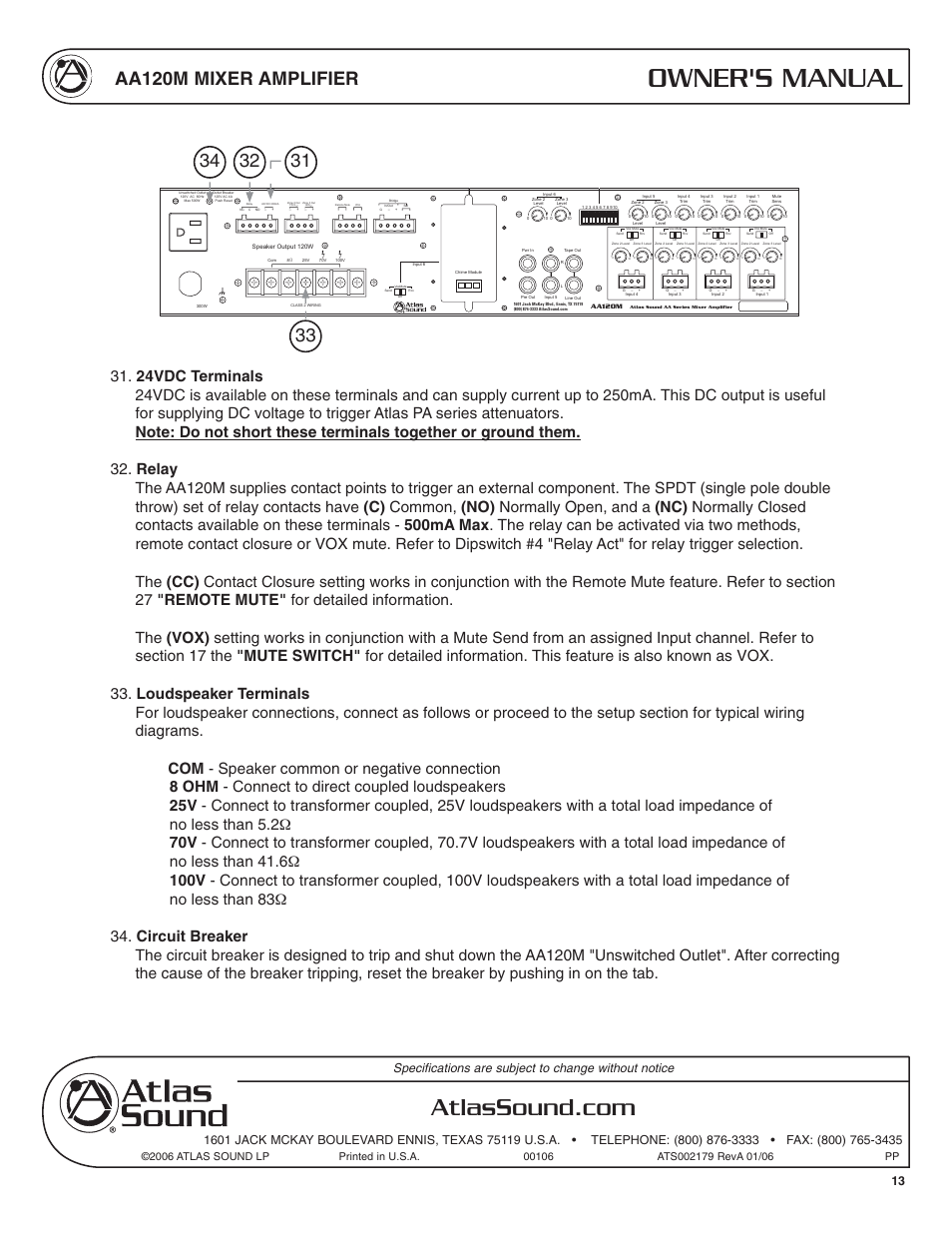 Owner's manual, Aa120m mixer amplifier | Atlas Sound AA120M User Manual | Page 13 / 28