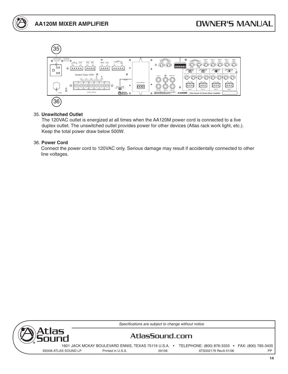 Owner's manual, Aa120m mixer amplifier | Atlas Sound AA120M User Manual | Page 14 / 28