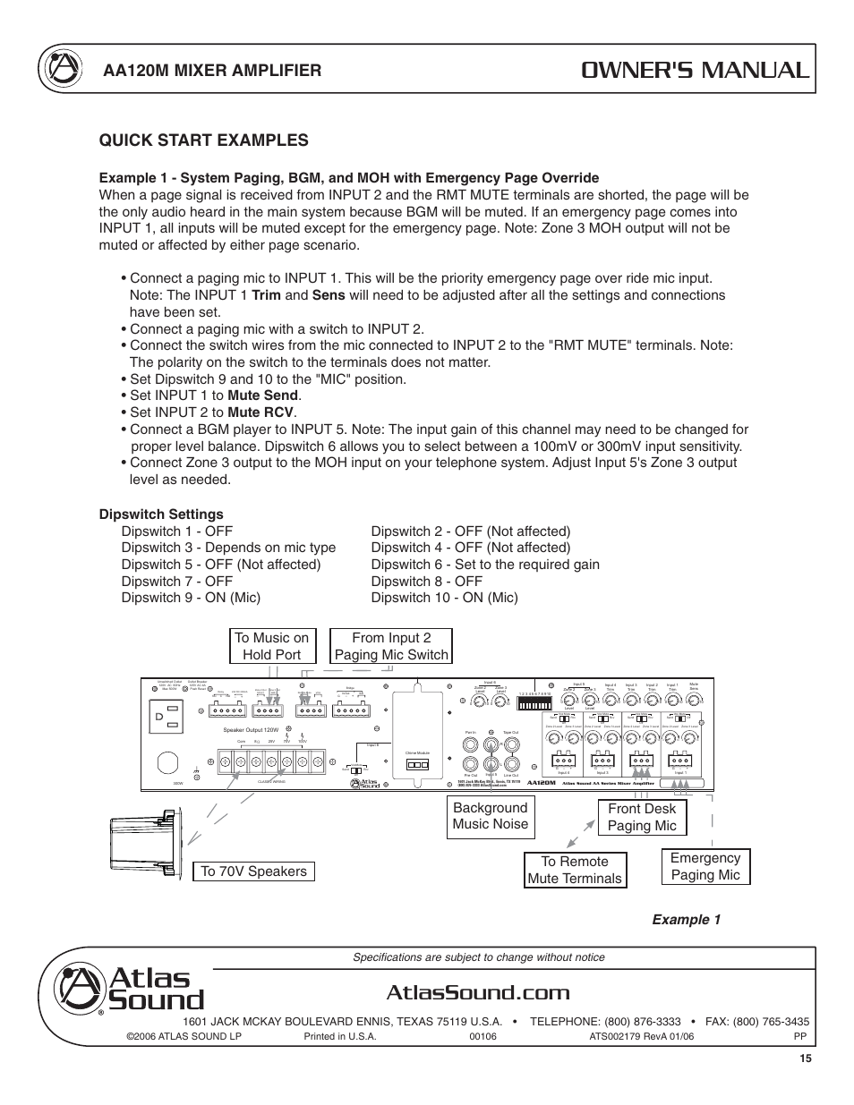 Owner's manual, Aa120m mixer amplifier, Quick start examples | Example 1 | Atlas Sound AA120M User Manual | Page 15 / 28