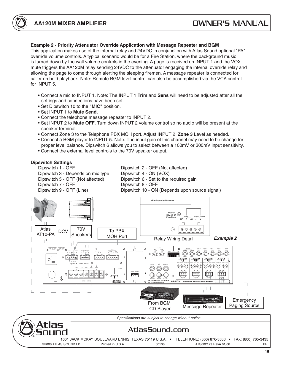 Owner's manual, Aa120m mixer amplifier, Relay wiring detail dcv | Atlas Sound AA120M User Manual | Page 16 / 28