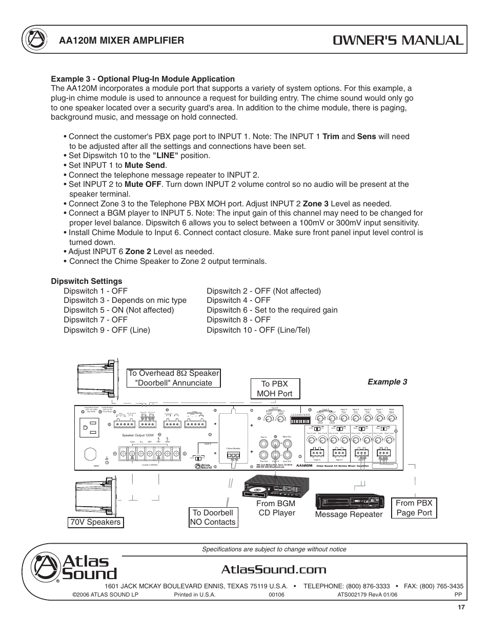 Owner's manual, Aa120m mixer amplifier | Atlas Sound AA120M User Manual | Page 17 / 28