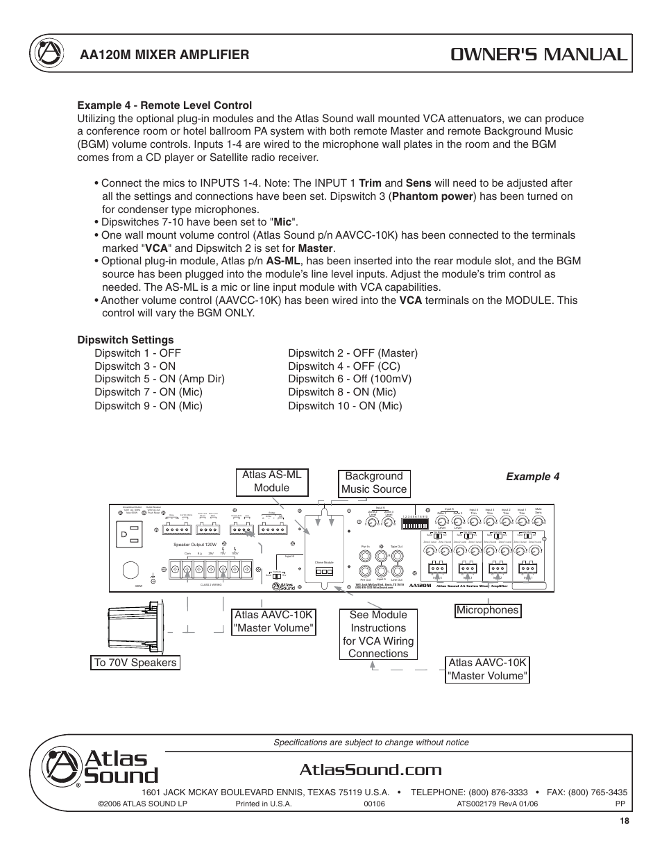 Owner's manual, Aa120m mixer amplifier | Atlas Sound AA120M User Manual | Page 18 / 28