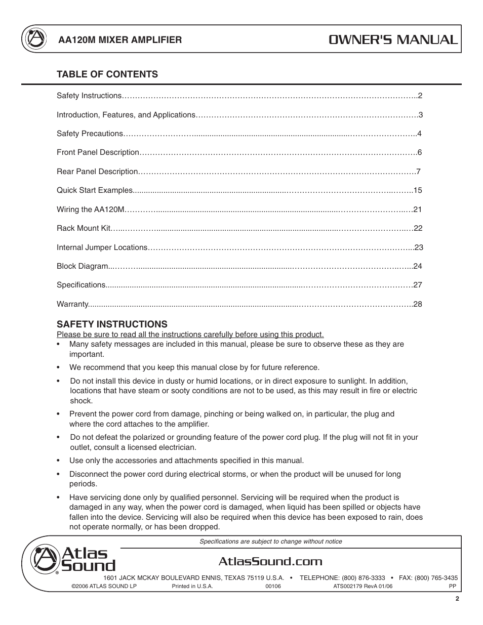 Owner's manual | Atlas Sound AA120M User Manual | Page 2 / 28