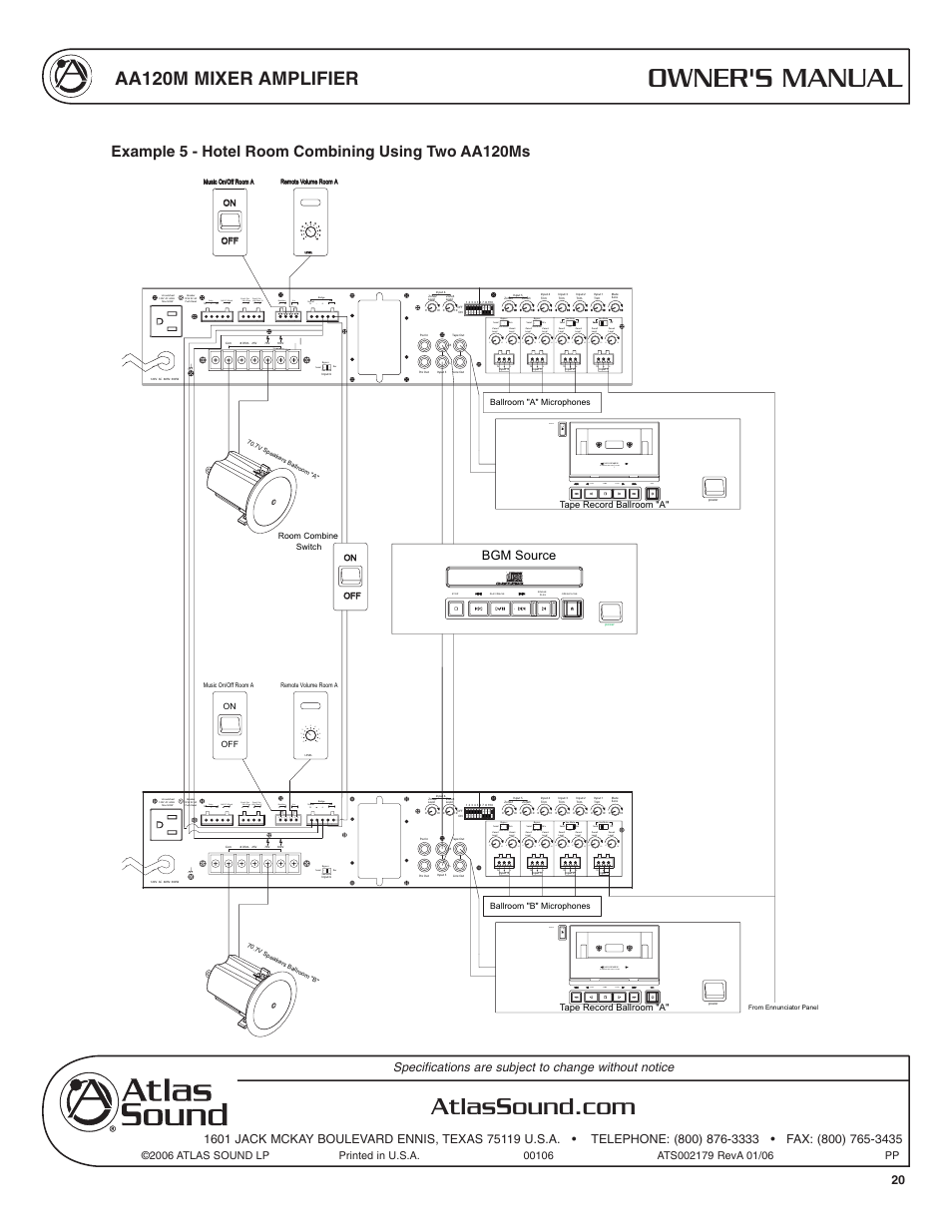 Owner's manual, Aa120m mixer amplifier, Example 5 - hotel room combining using two aa120ms | Rec play play stop eject, Automatic tape select system quick reverse, Rmt mute vca, Bgm source | Atlas Sound AA120M User Manual | Page 20 / 28