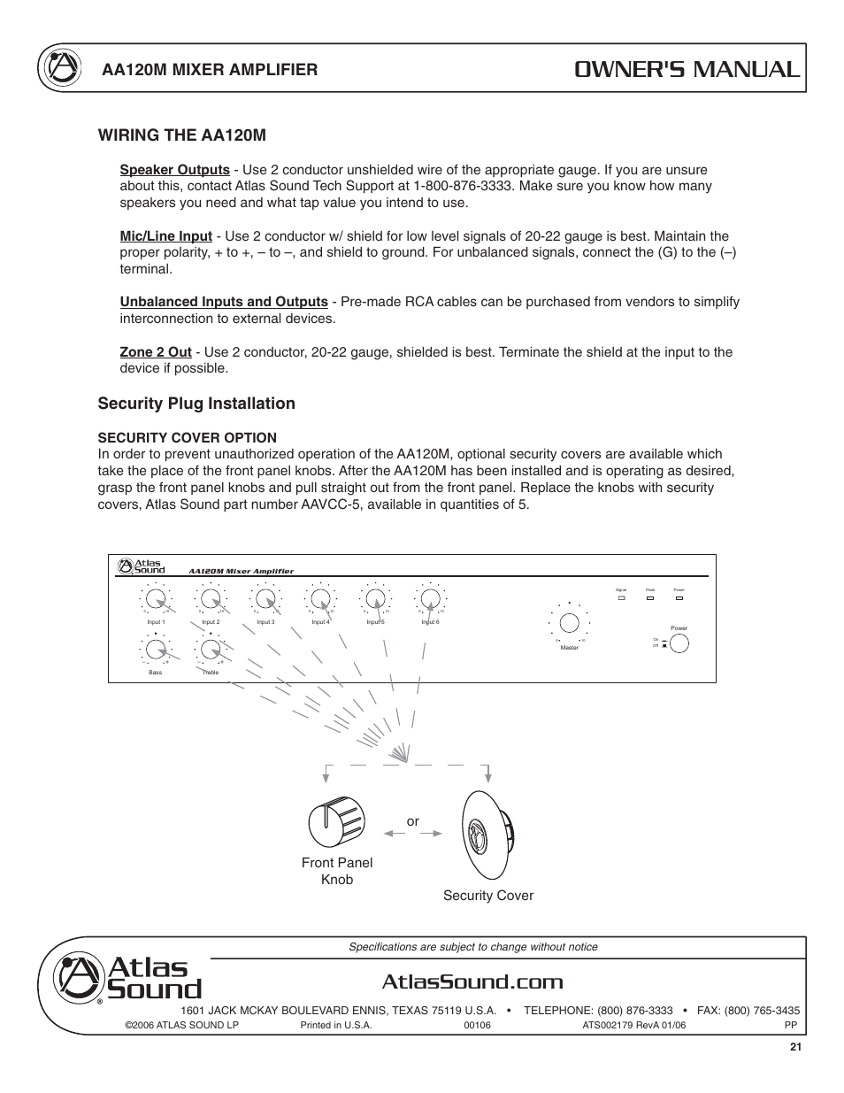 Owner's manual, Aa120m mixer amplifier, Wiring the aa120m | Security plug installation, Front panel knob security cover or | Atlas Sound AA120M User Manual | Page 21 / 28