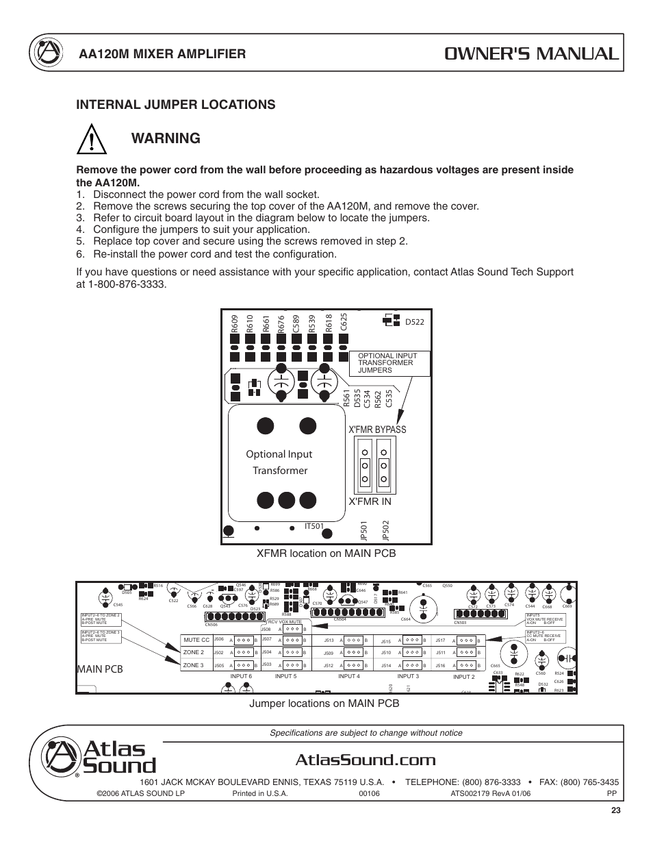 Owner's manual, Warning, Aa120m mixer amplifier | Internal jumper locations, Main pcb, Xfmr location on main pcb, X'fmr bypass x'fmr in | Atlas Sound AA120M User Manual | Page 23 / 28